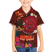 American Samoa Manulele Tausala Nu'uuli Family Matching Summer Maxi Dress and Hawaiian Shirt Tatau Art Pattern with Tropical Plants LT03 Son's Shirt Red - Polynesian Pride