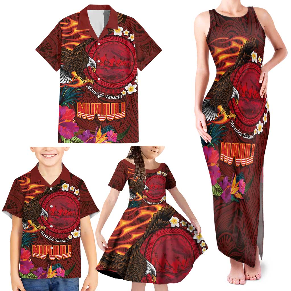 American Samoa Manulele Tausala Nu'uuli Family Matching Tank Maxi Dress and Hawaiian Shirt Tatau Art Pattern with Tropical Plants LT03 - Polynesian Pride
