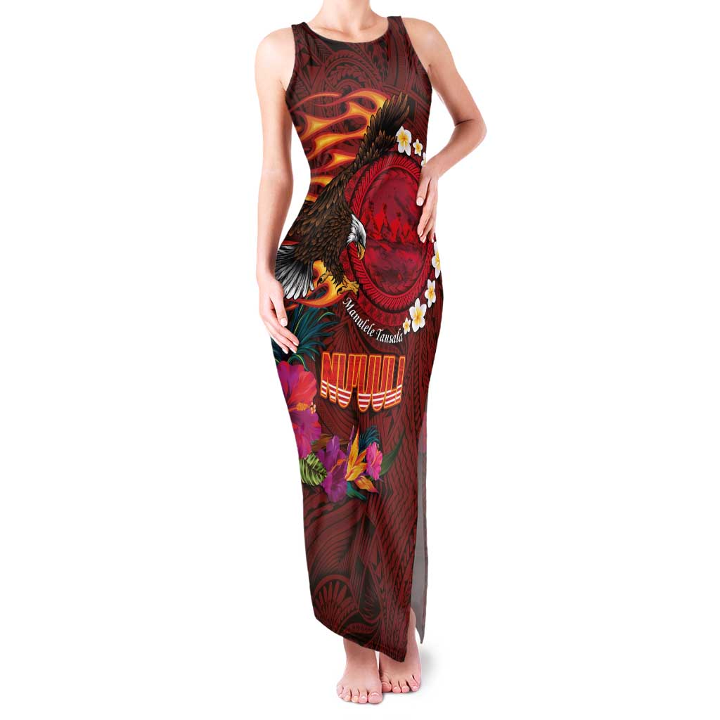 American Samoa Manulele Tausala Nu'uuli Family Matching Tank Maxi Dress and Hawaiian Shirt Tatau Art Pattern with Tropical Plants LT03 Mom's Dress Red - Polynesian Pride