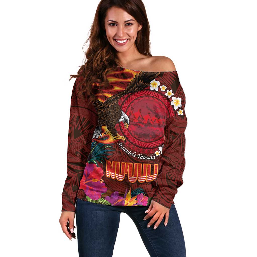 American Samoa Manulele Tausala Nu'uuli Off Shoulder Sweater Tatau Art Pattern with Tropical Plants LT03 Women Red - Polynesian Pride