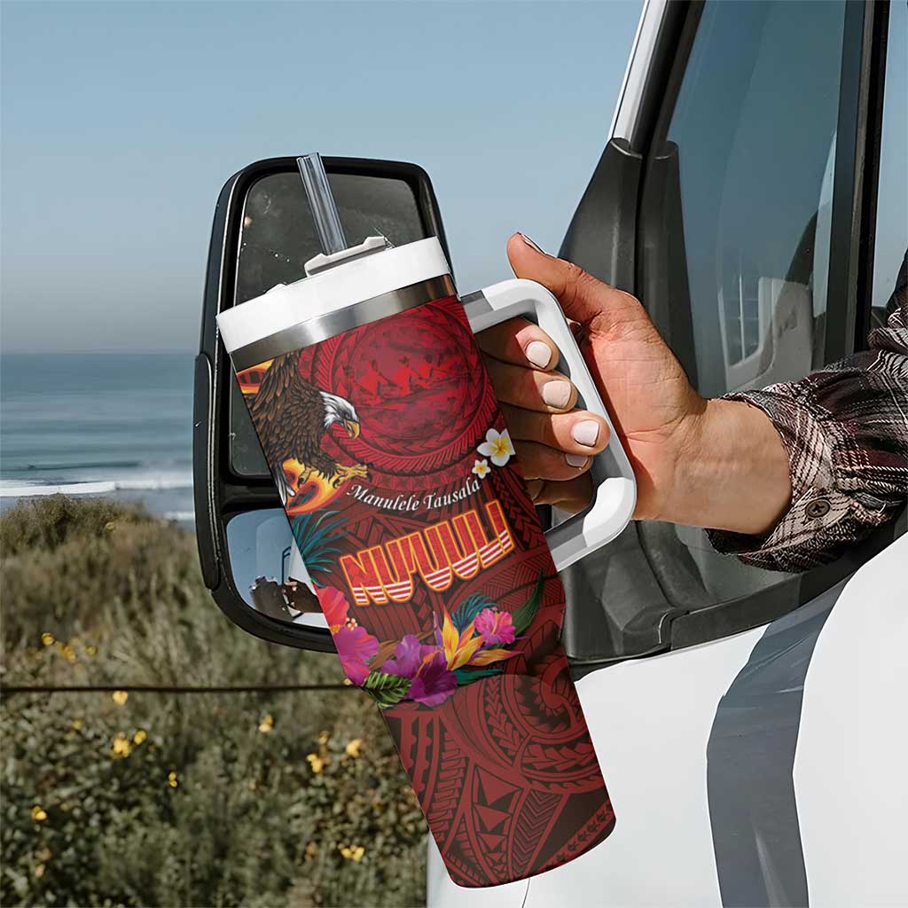 American Samoa Manulele Tausala Nu'uuli Tumbler With Handle Tatau Art Pattern with Tropical Plants