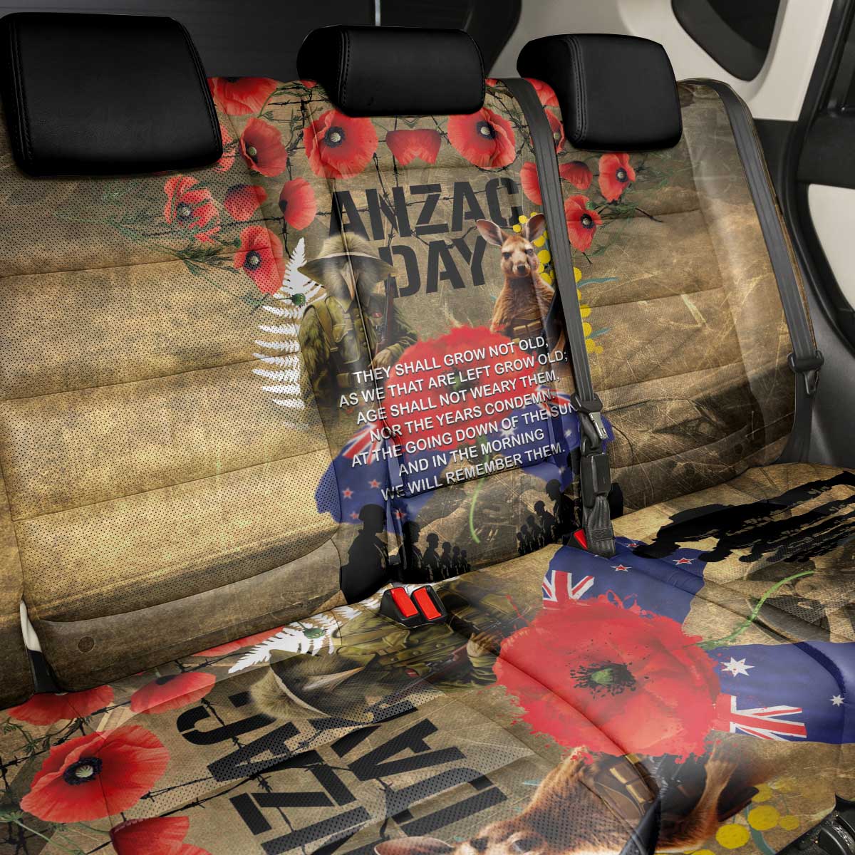 Australia and New Zealand ANZAC Day Back Car Seat Cover Kangaroo and Kiwi Bird Soldier-Honor and Remember Vintage Style LT03 - Polynesian Pride