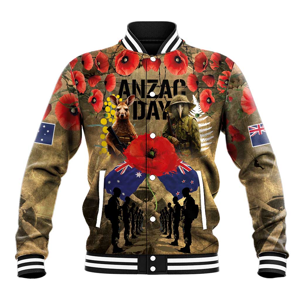 Australia and New Zealand ANZAC Day Baseball Jacket Kangaroo and Kiwi Bird Soldier-Honor and Remember Vintage Style LT03 Unisex Beige - Polynesian Pride