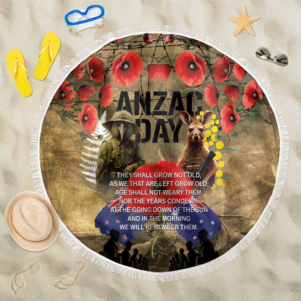 Australia and New Zealand ANZAC Day Beach Blanket Kangaroo and Kiwi Bird Soldier-Honor and Remember Vintage Style LT03 One Size 150cm Beige - Polynesian Pride