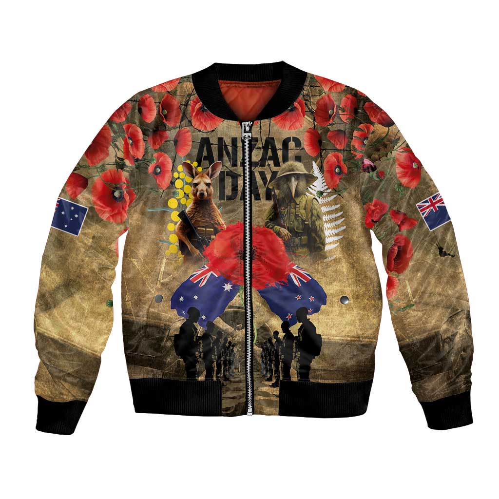 Australia and New Zealand ANZAC Day Bomber Jacket Kangaroo and Kiwi Bird Soldier-Honor and Remember Vintage Style LT03 Unisex Beige - Polynesian Pride