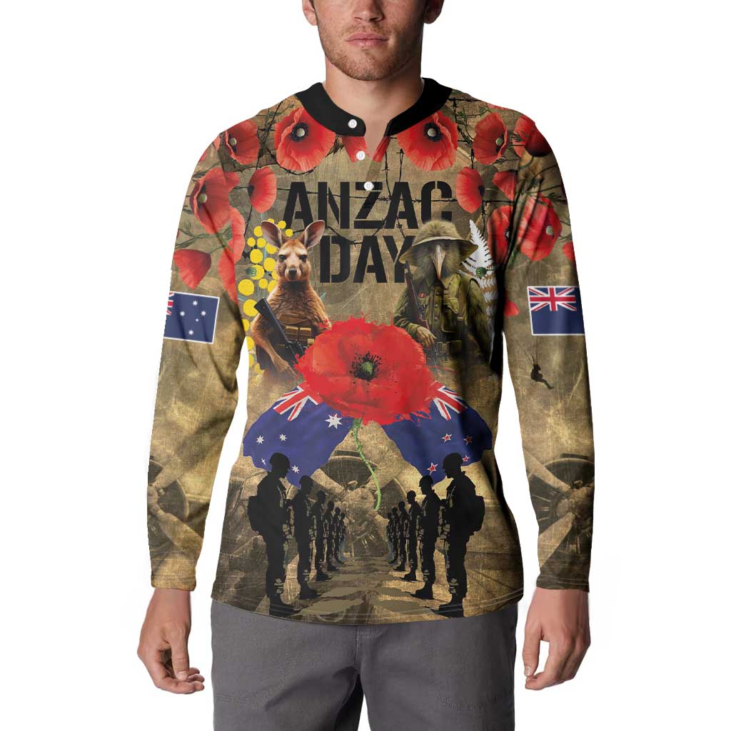 Australia and New Zealand ANZAC Day Button Sweatshirt Kangaroo and Kiwi Bird Soldier-Honor and Remember Vintage Style LT03 - Polynesian Pride