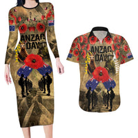 Australia and New Zealand ANZAC Day Couples Matching Long Sleeve Bodycon Dress and Hawaiian Shirt Kangaroo and Kiwi Bird Soldier-Honor and Remember Vintage Style LT03 Beige - Polynesian Pride