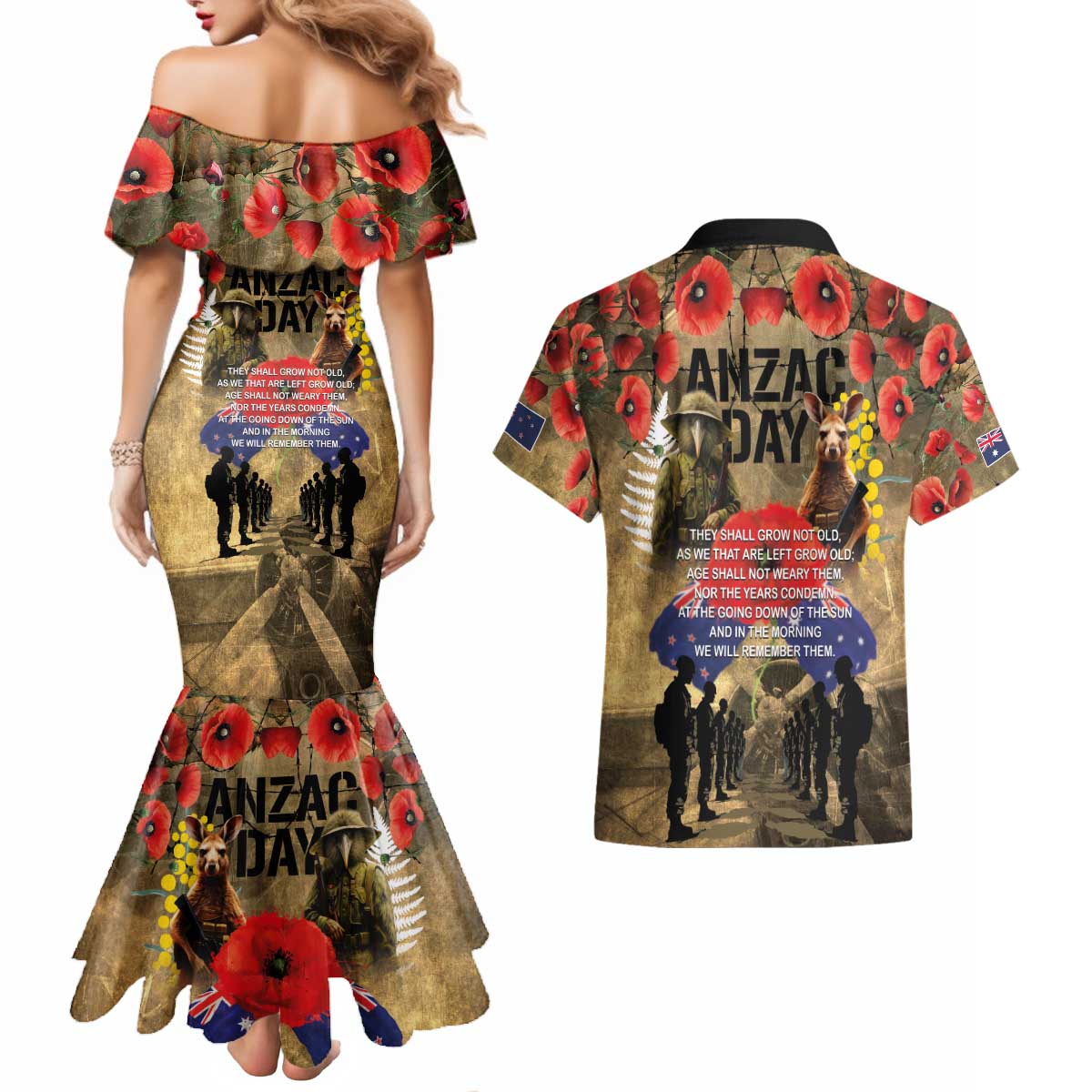 Australia and New Zealand ANZAC Day Couples Matching Mermaid Dress and Hawaiian Shirt Kangaroo and Kiwi Bird Soldier-Honor and Remember Vintage Style LT03 - Polynesian Pride