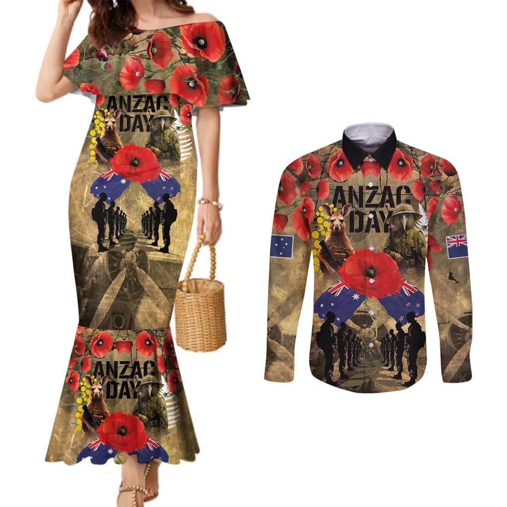 Australia and New Zealand ANZAC Day Couples Matching Mermaid Dress and Long Sleeve Button Shirt Kangaroo and Kiwi Bird Soldier-Honor and Remember Vintage Style LT03 Beige - Polynesian Pride