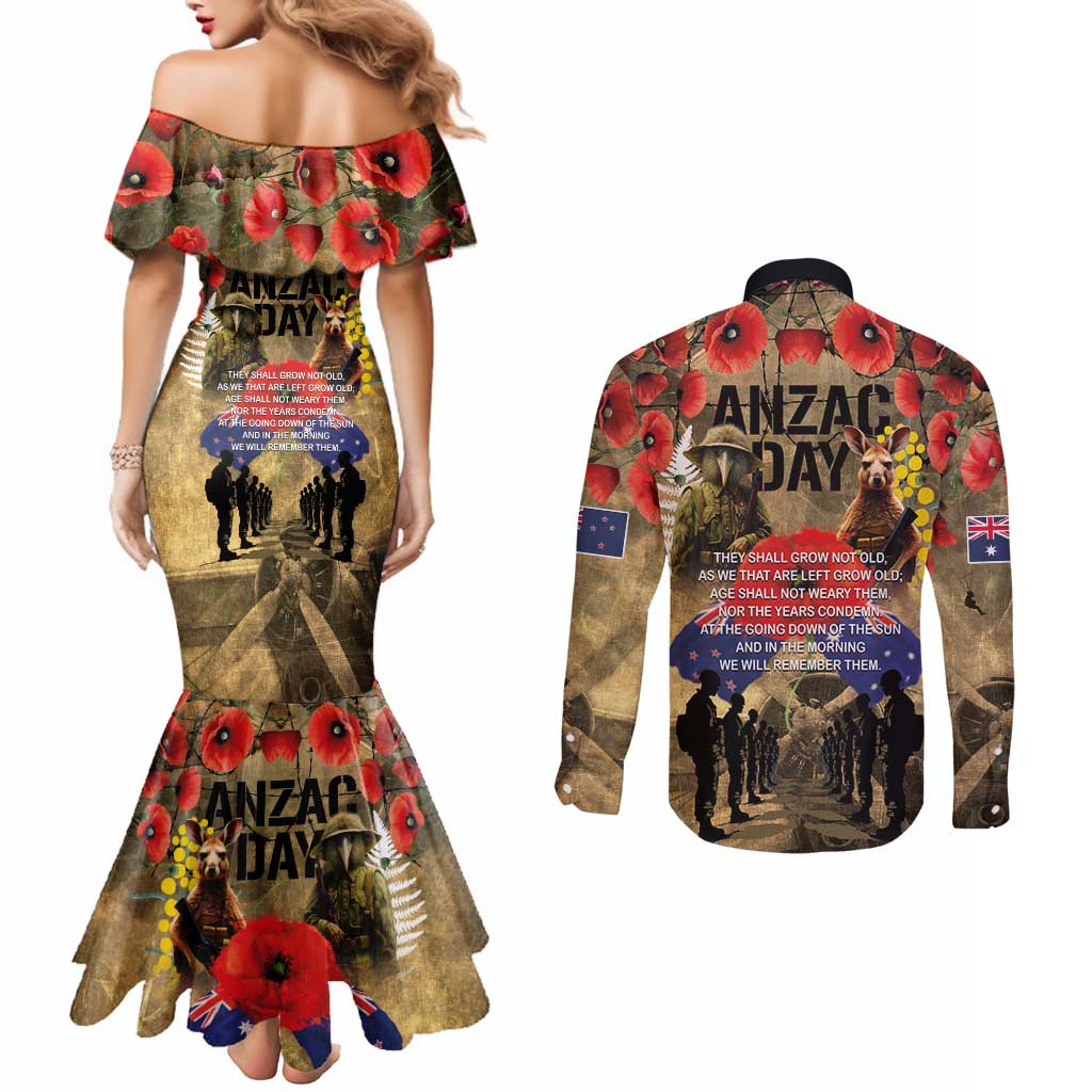 Australia and New Zealand ANZAC Day Couples Matching Mermaid Dress and Long Sleeve Button Shirt Kangaroo and Kiwi Bird Soldier-Honor and Remember Vintage Style LT03 - Polynesian Pride