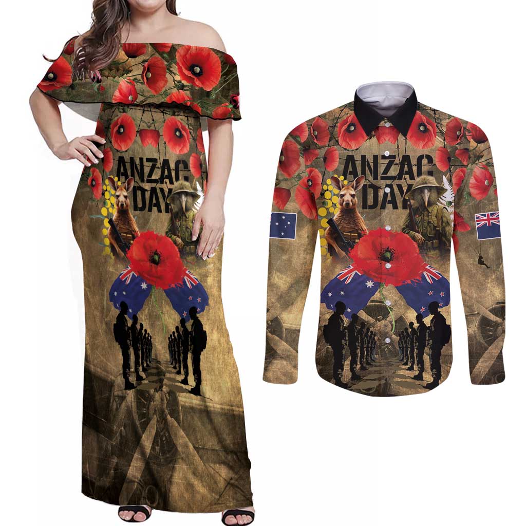 Australia and New Zealand ANZAC Day Couples Matching Off Shoulder Maxi Dress and Long Sleeve Button Shirt Kangaroo and Kiwi Bird Soldier-Honor and Remember Vintage Style LT03 Beige - Polynesian Pride