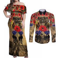 Australia and New Zealand ANZAC Day Couples Matching Off Shoulder Maxi Dress and Long Sleeve Button Shirt Kangaroo and Kiwi Bird Soldier-Honor and Remember Vintage Style LT03 Beige - Polynesian Pride