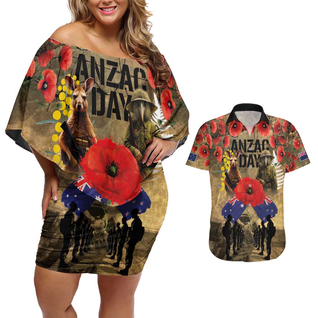 Australia and New Zealand ANZAC Day Couples Matching Off Shoulder Short Dress and Hawaiian Shirt Kangaroo and Kiwi Bird Soldier-Honor and Remember Vintage Style LT03 Beige - Polynesian Pride