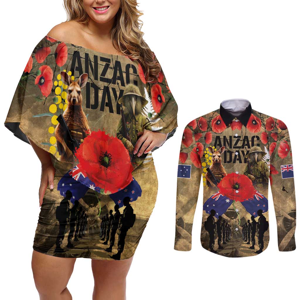 Australia and New Zealand ANZAC Day Couples Matching Off Shoulder Short Dress and Long Sleeve Button Shirt Kangaroo and Kiwi Bird Soldier-Honor and Remember Vintage Style LT03 Beige - Polynesian Pride
