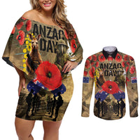 Australia and New Zealand ANZAC Day Couples Matching Off Shoulder Short Dress and Long Sleeve Button Shirt Kangaroo and Kiwi Bird Soldier-Honor and Remember Vintage Style LT03 Beige - Polynesian Pride