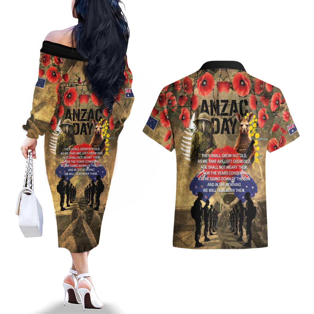 Australia and New Zealand ANZAC Day Couples Matching Off The Shoulder Long Sleeve Dress and Hawaiian Shirt Kangaroo and Kiwi Bird Soldier-Honor and Remember Vintage Style LT03 - Polynesian Pride