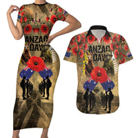Australia and New Zealand ANZAC Day Couples Matching Short Sleeve Bodycon Dress and Hawaiian Shirt Kangaroo and Kiwi Bird Soldier-Honor and Remember Vintage Style LT03 Beige - Polynesian Pride