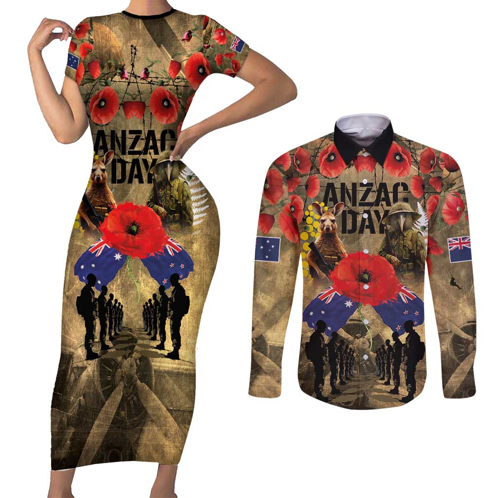 Australia and New Zealand ANZAC Day Couples Matching Short Sleeve Bodycon Dress and Long Sleeve Button Shirt Kangaroo and Kiwi Bird Soldier-Honor and Remember Vintage Style LT03 Beige - Polynesian Pride