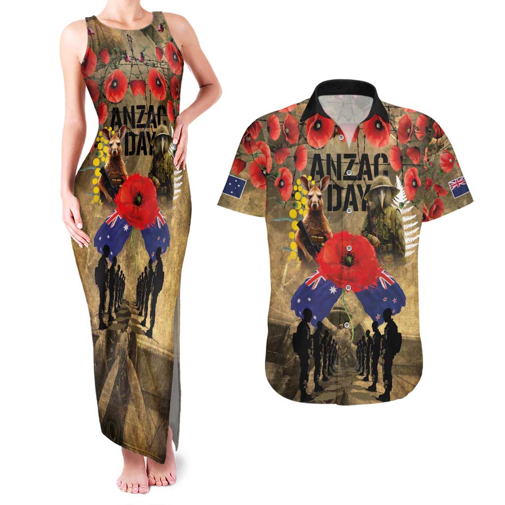 Australia and New Zealand ANZAC Day Couples Matching Tank Maxi Dress and Hawaiian Shirt Kangaroo and Kiwi Bird Soldier-Honor and Remember Vintage Style LT03 Beige - Polynesian Pride