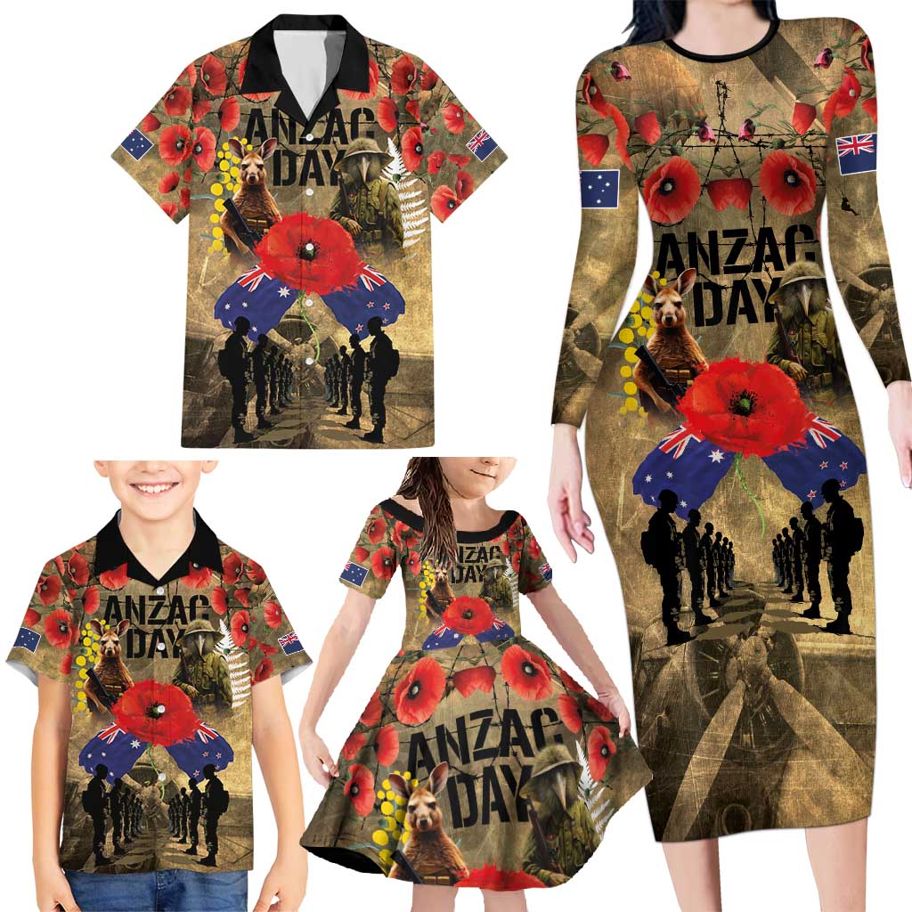 Australia and New Zealand ANZAC Day Family Matching Long Sleeve Bodycon Dress and Hawaiian Shirt Kangaroo and Kiwi Bird Soldier-Honor and Remember Vintage Style LT03 - Polynesian Pride