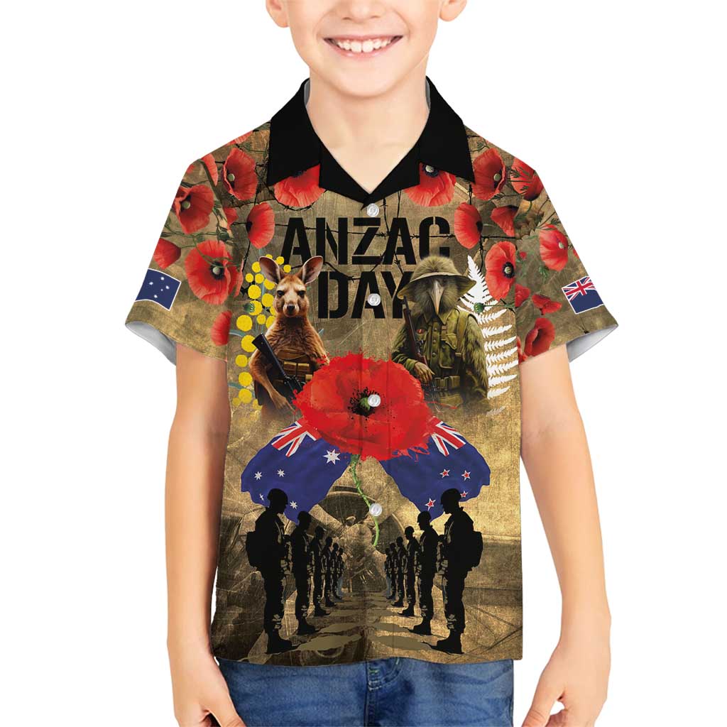 Australia and New Zealand ANZAC Day Family Matching Long Sleeve Bodycon Dress and Hawaiian Shirt Kangaroo and Kiwi Bird Soldier-Honor and Remember Vintage Style LT03 Son's Shirt Beige - Polynesian Pride