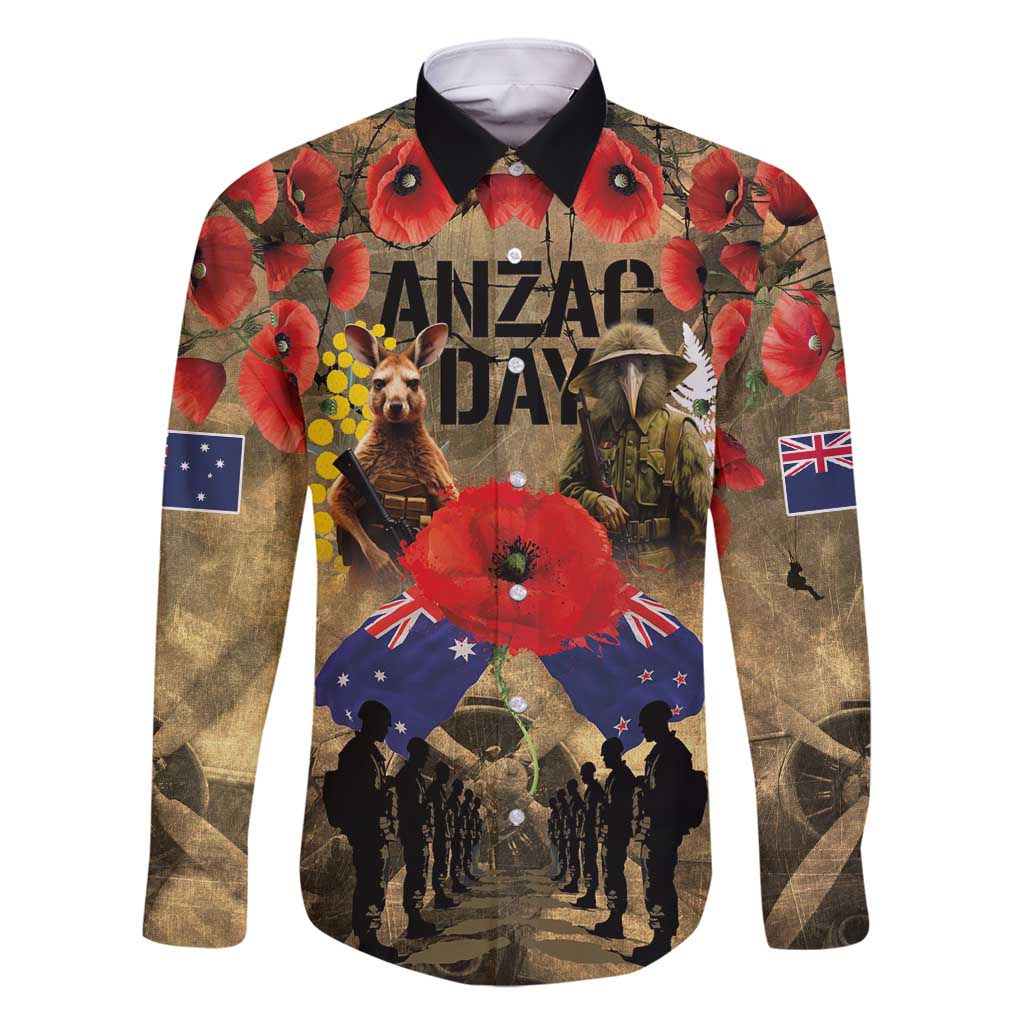 Australia and New Zealand ANZAC Day Family Matching Mermaid Dress and Hawaiian Shirt Kangaroo and Kiwi Bird Soldier-Honor and Remember Vintage Style LT03 Dad's Shirt - Long Sleeve Beige - Polynesian Pride