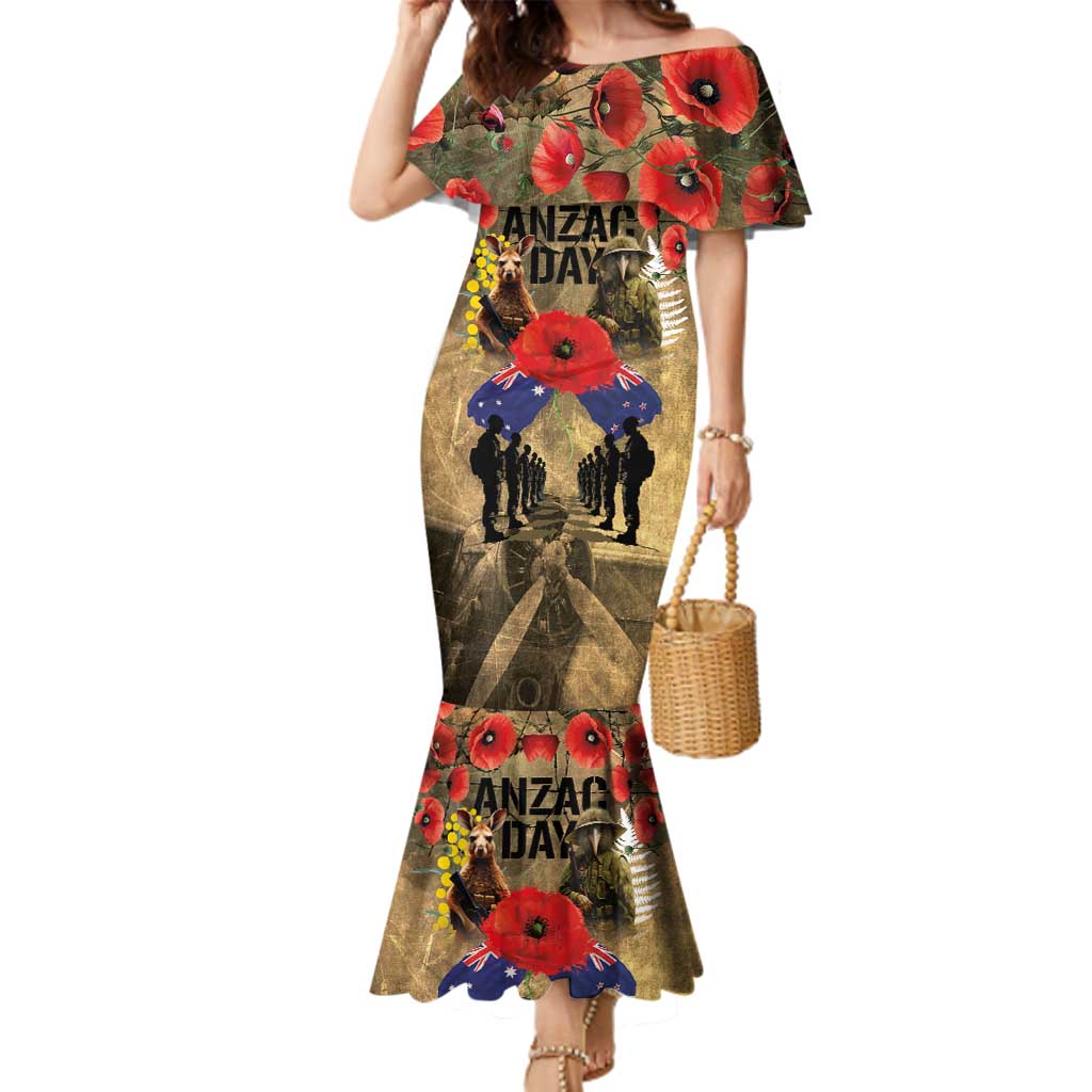 Australia and New Zealand ANZAC Day Family Matching Mermaid Dress and Hawaiian Shirt Kangaroo and Kiwi Bird Soldier-Honor and Remember Vintage Style LT03 Mom's Dress Beige - Polynesian Pride