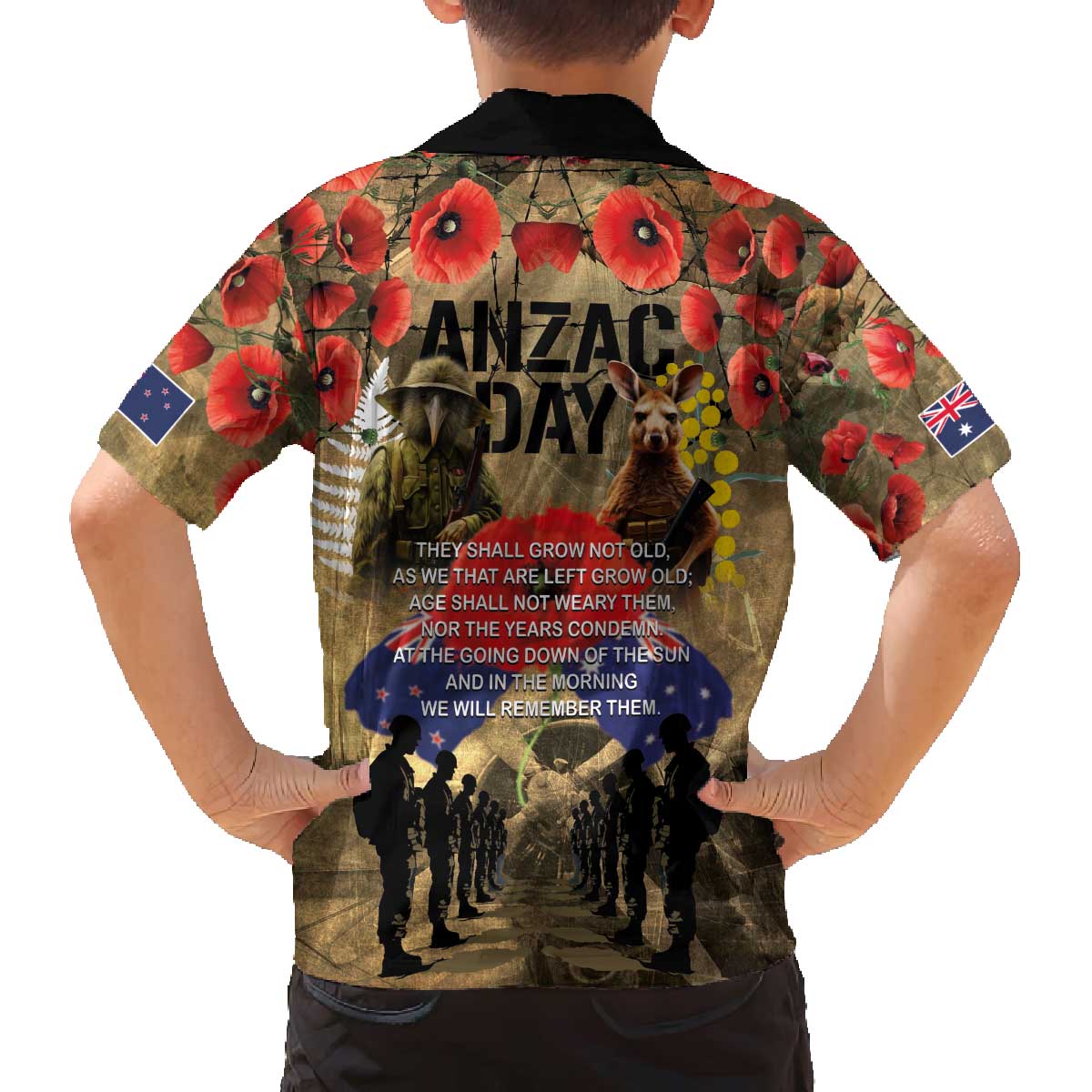 Australia and New Zealand ANZAC Day Family Matching Off The Shoulder Long Sleeve Dress and Hawaiian Shirt Kangaroo and Kiwi Bird Soldier-Honor and Remember Vintage Style LT03 - Polynesian Pride