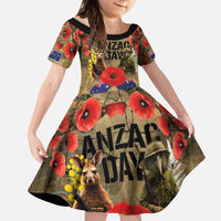 Australia and New Zealand ANZAC Day Family Matching Off The Shoulder Long Sleeve Dress and Hawaiian Shirt Kangaroo and Kiwi Bird Soldier-Honor and Remember Vintage Style LT03 Daughter's Dress Beige - Polynesian Pride