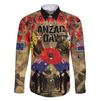Australia and New Zealand ANZAC Day Family Matching Off Shoulder Maxi Dress and Hawaiian Shirt Kangaroo and Kiwi Bird Soldier-Honor and Remember Vintage Style LT03 Dad's Shirt - Long Sleeve Beige - Polynesian Pride