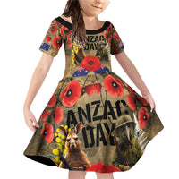 Australia and New Zealand ANZAC Day Family Matching Off Shoulder Short Dress and Hawaiian Shirt Kangaroo and Kiwi Bird Soldier-Honor and Remember Vintage Style LT03 Daughter's Dress Beige - Polynesian Pride