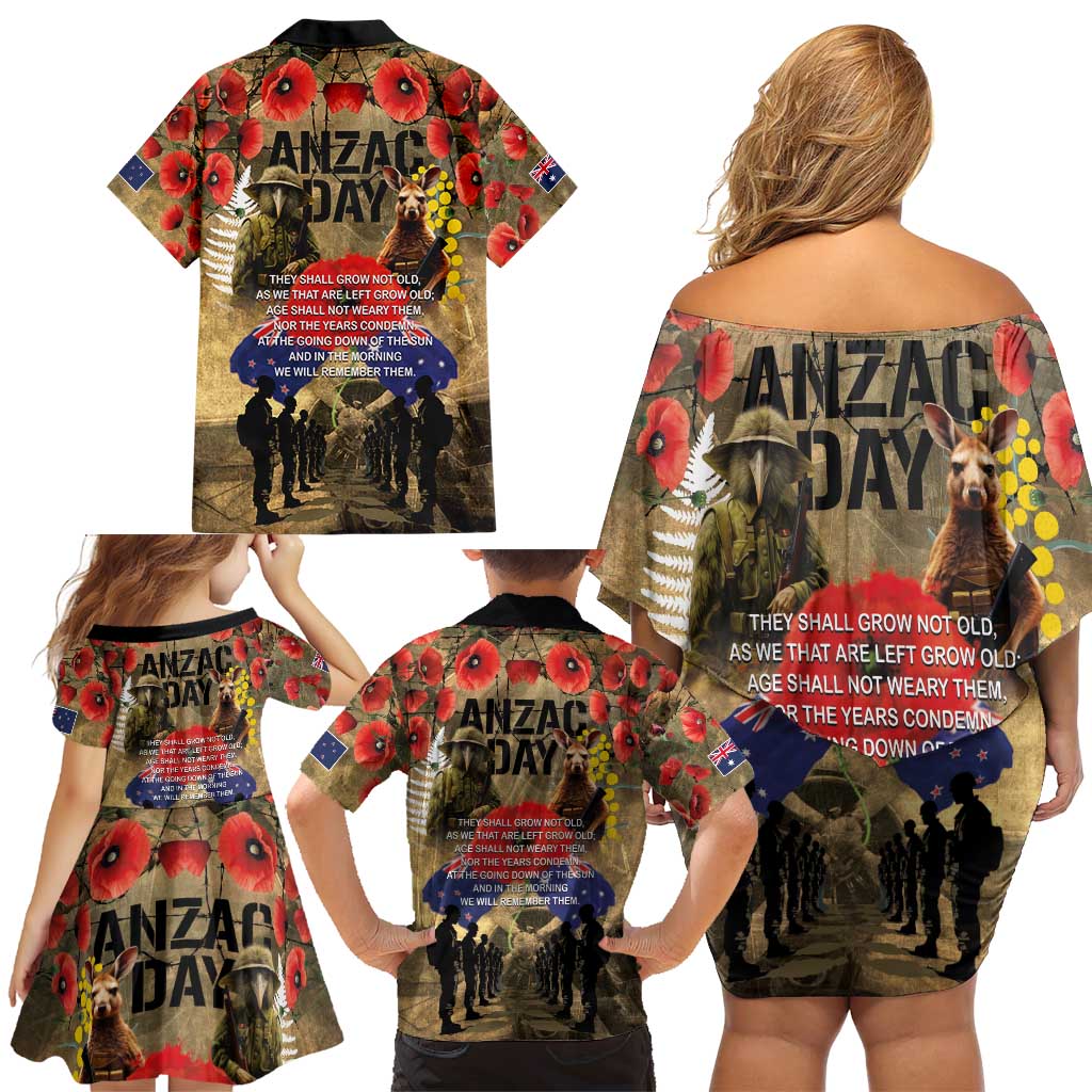 Australia and New Zealand ANZAC Day Family Matching Off Shoulder Short Dress and Hawaiian Shirt Kangaroo and Kiwi Bird Soldier-Honor and Remember Vintage Style LT03 - Polynesian Pride