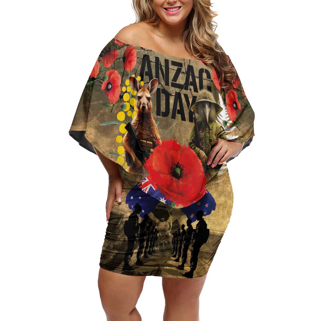 Australia and New Zealand ANZAC Day Family Matching Off Shoulder Short Dress and Hawaiian Shirt Kangaroo and Kiwi Bird Soldier-Honor and Remember Vintage Style LT03 Mom's Dress Beige - Polynesian Pride