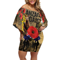 Australia and New Zealand ANZAC Day Family Matching Off Shoulder Short Dress and Hawaiian Shirt Kangaroo and Kiwi Bird Soldier-Honor and Remember Vintage Style LT03 Mom's Dress Beige - Polynesian Pride