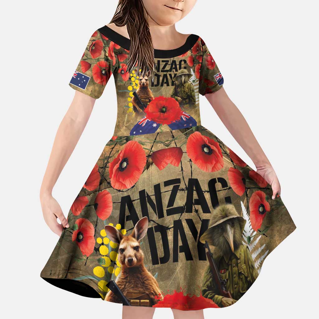 Australia and New Zealand ANZAC Day Family Matching Puletasi and Hawaiian Shirt Kangaroo and Kiwi Bird Soldier-Honor and Remember Vintage Style LT03 Daughter's Dress Beige - Polynesian Pride