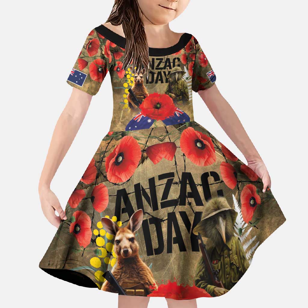 Australia and New Zealand ANZAC Day Family Matching Short Sleeve Bodycon Dress and Hawaiian Shirt Kangaroo and Kiwi Bird Soldier-Honor and Remember Vintage Style LT03 Daughter's Dress Beige - Polynesian Pride