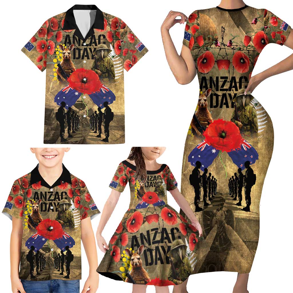 Australia and New Zealand ANZAC Day Family Matching Short Sleeve Bodycon Dress and Hawaiian Shirt Kangaroo and Kiwi Bird Soldier-Honor and Remember Vintage Style LT03 - Polynesian Pride