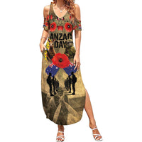 Australia and New Zealand ANZAC Day Family Matching Summer Maxi Dress and Hawaiian Shirt Kangaroo and Kiwi Bird Soldier-Honor and Remember Vintage Style LT03 Mom's Dress Beige - Polynesian Pride