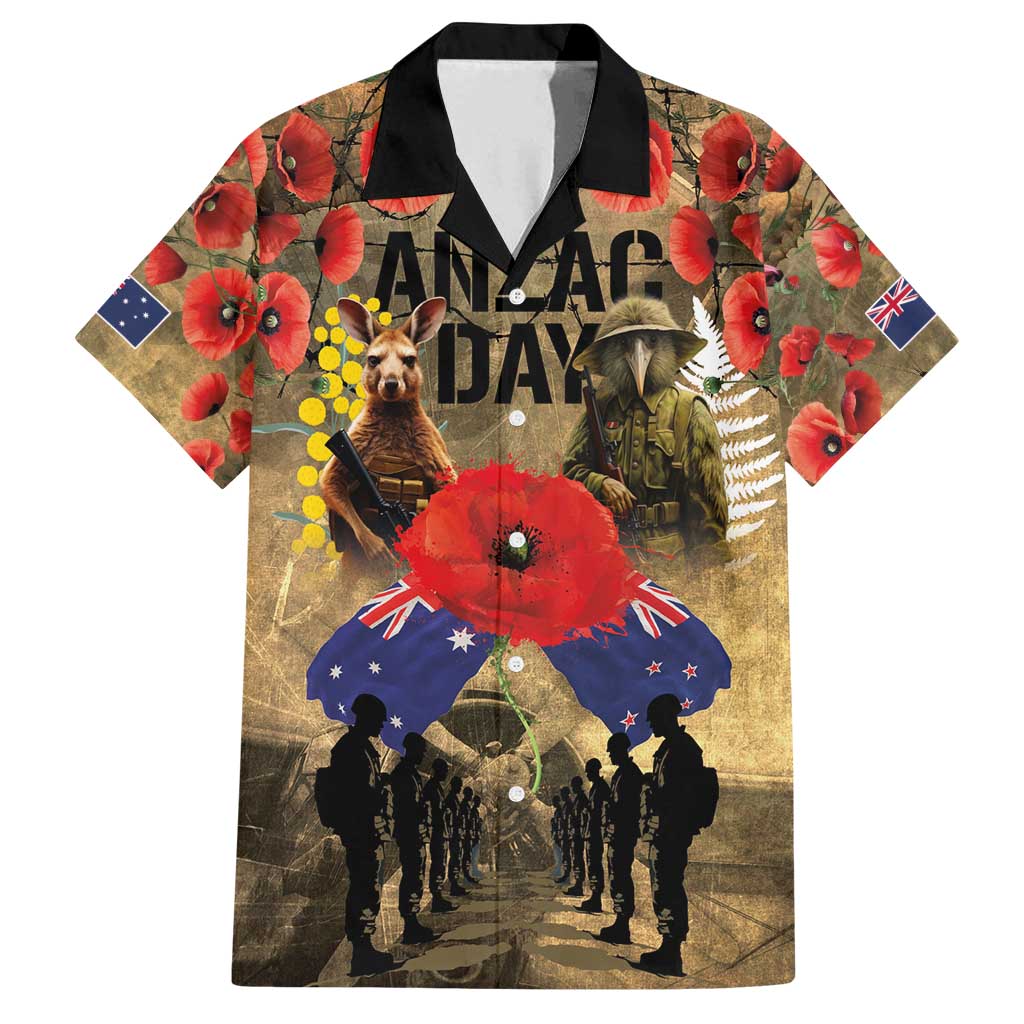 Australia and New Zealand ANZAC Day Family Matching Tank Maxi Dress and Hawaiian Shirt Kangaroo and Kiwi Bird Soldier-Honor and Remember Vintage Style LT03 Dad's Shirt - Short Sleeve Beige - Polynesian Pride