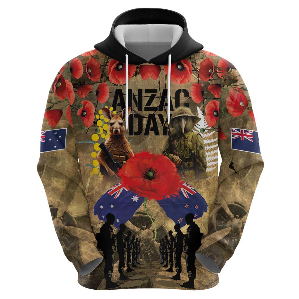 Australia and New Zealand ANZAC Day Hoodie Kangaroo and Kiwi Bird Soldier-Honor and Remember Vintage Style LT03 - Polynesian Pride