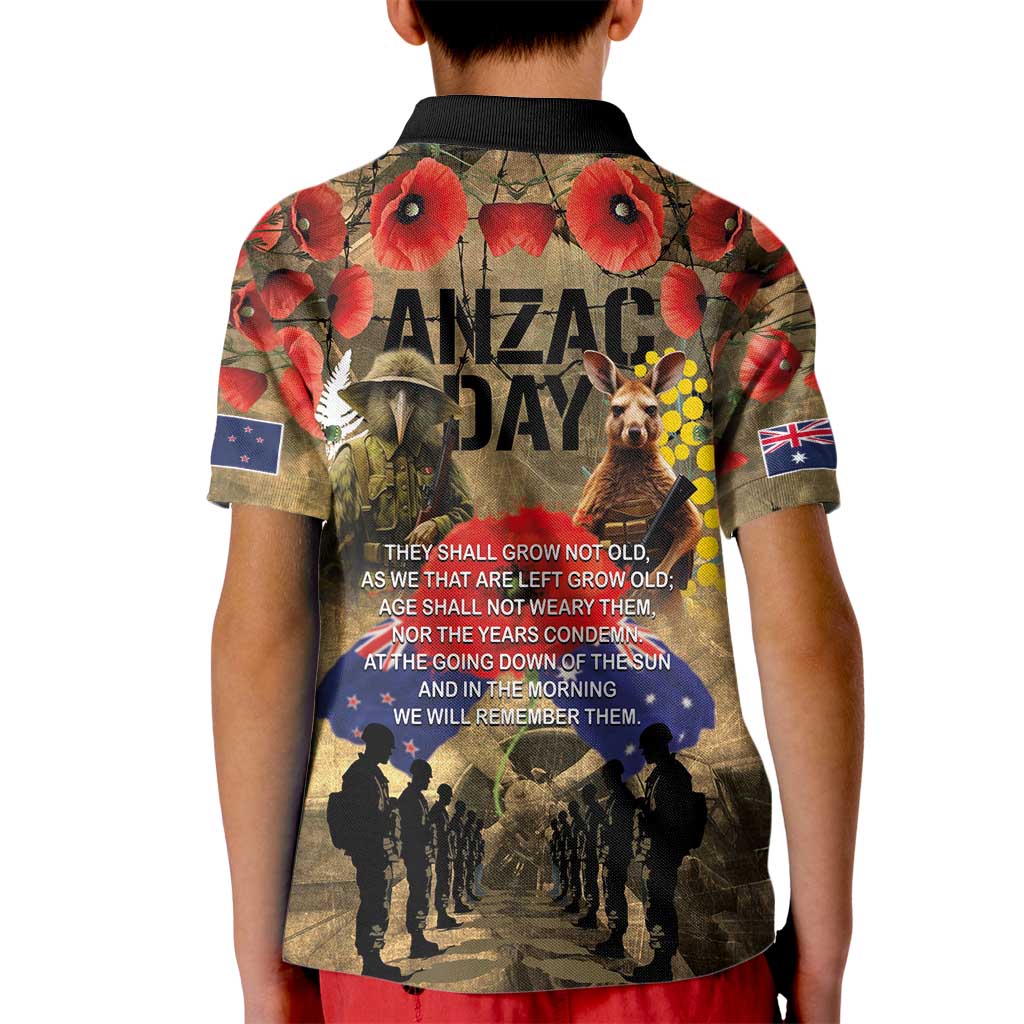 Australia and New Zealand ANZAC Day Kid Polo Shirt Kangaroo and Kiwi Bird Soldier-Honor and Remember Vintage Style LT03 - Polynesian Pride