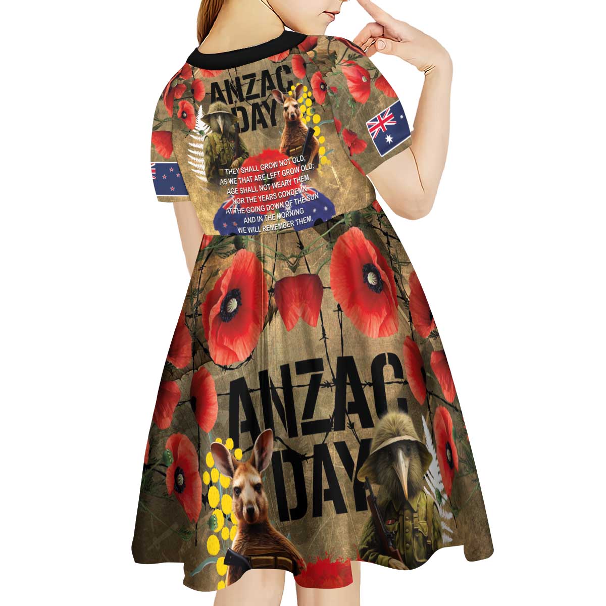 Australia and New Zealand ANZAC Day Kid Short Sleeve Dress Kangaroo and Kiwi Bird Soldier-Honor and Remember Vintage Style LT03 - Polynesian Pride