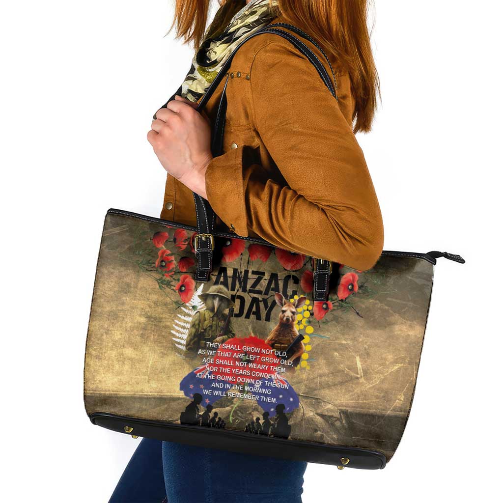 Australia and New Zealand ANZAC Day Leather Tote Bag Kangaroo and Kiwi Bird Soldier-Honor and Remember Vintage Style LT03 Beige - Polynesian Pride