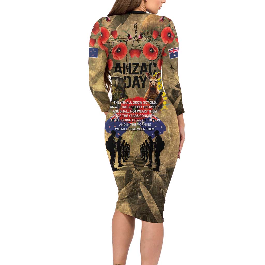 Australia and New Zealand ANZAC Day Long Sleeve Bodycon Dress Kangaroo and Kiwi Bird Soldier-Honor and Remember Vintage Style LT03 - Polynesian Pride