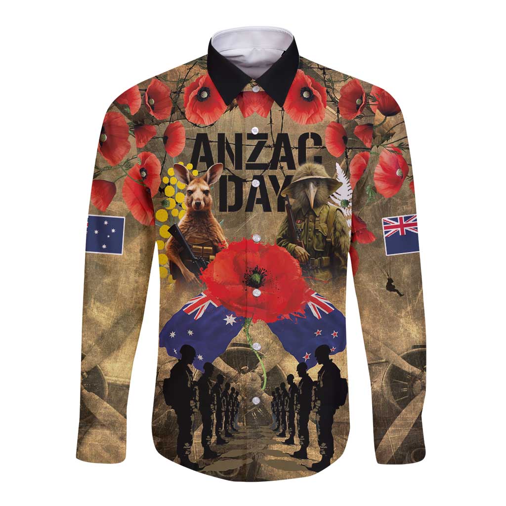 Australia and New Zealand ANZAC Day Long Sleeve Button Shirt Kangaroo and Kiwi Bird Soldier-Honor and Remember Vintage Style LT03 Unisex Beige - Polynesian Pride