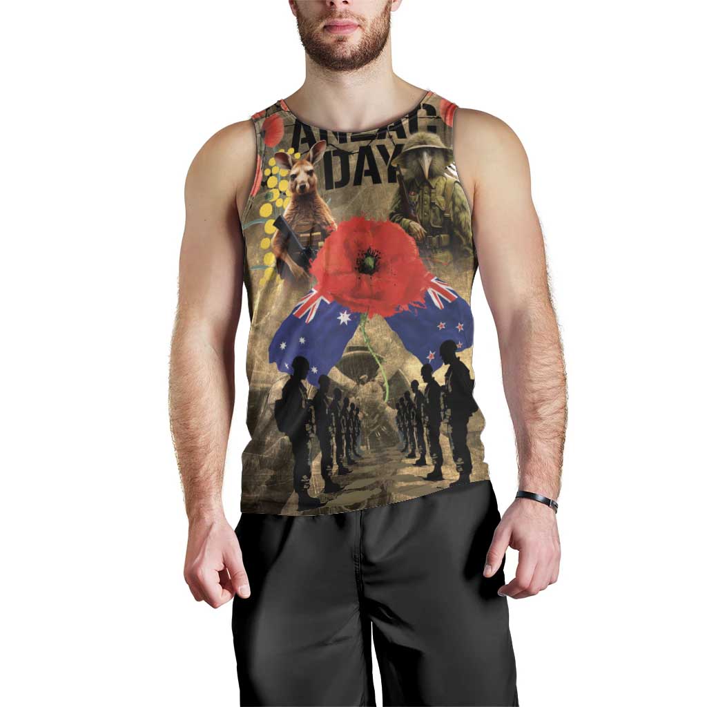 Australia and New Zealand ANZAC Day Men Tank Top Kangaroo and Kiwi Bird Soldier-Honor and Remember Vintage Style LT03 - Polynesian Pride