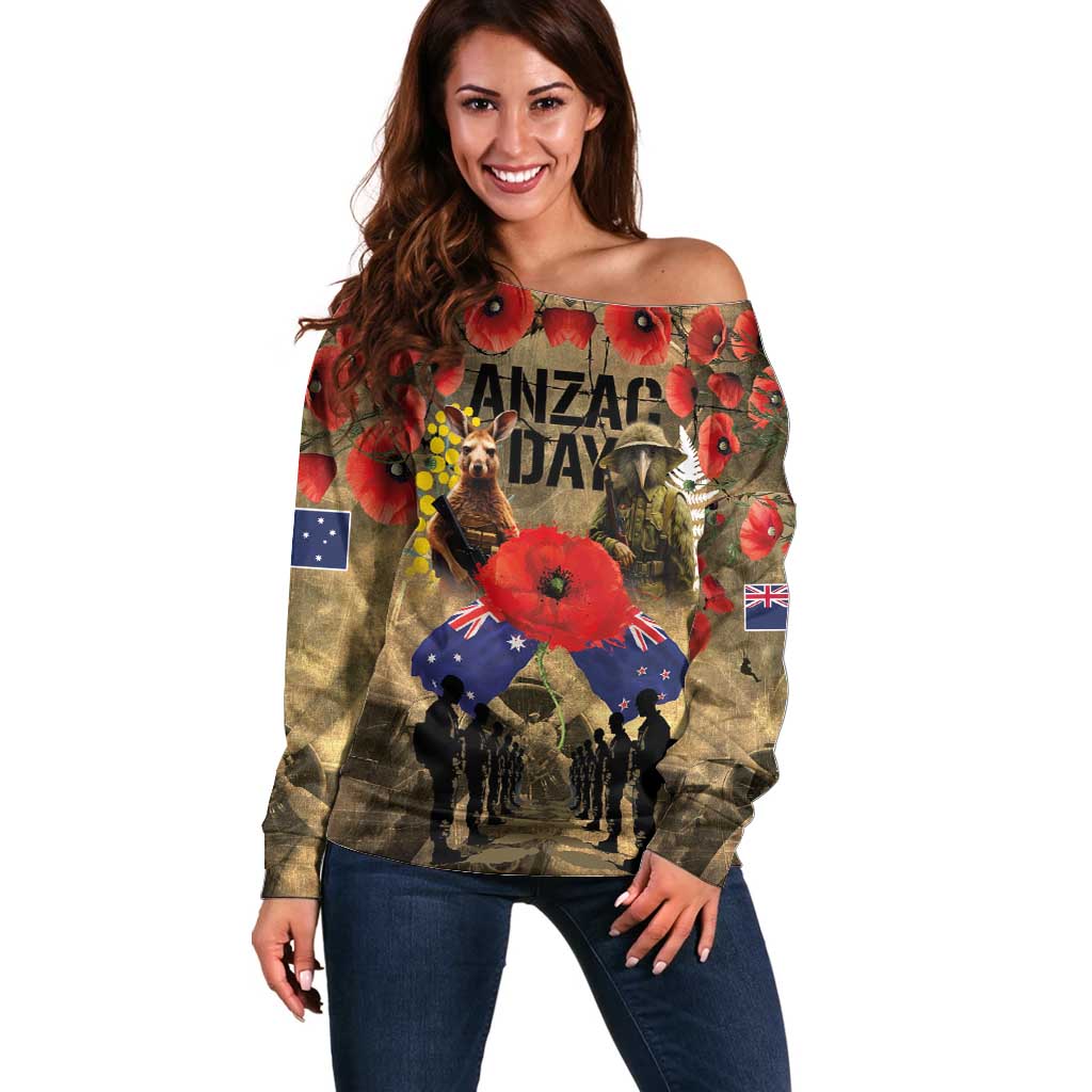 Australia and New Zealand ANZAC Day Off Shoulder Sweater Kangaroo and Kiwi Bird Soldier-Honor and Remember Vintage Style LT03 Women Beige - Polynesian Pride