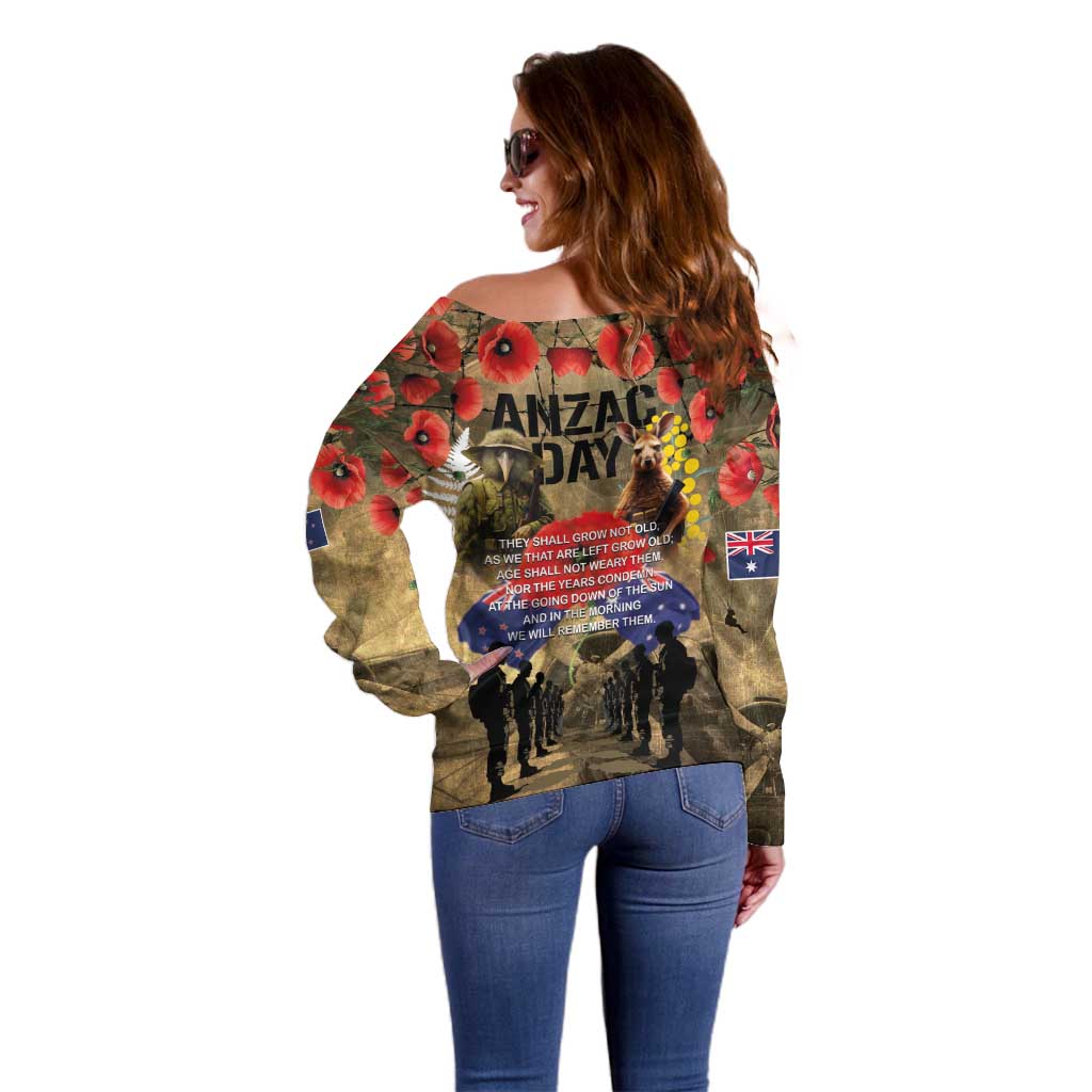 Australia and New Zealand ANZAC Day Off Shoulder Sweater Kangaroo and Kiwi Bird Soldier-Honor and Remember Vintage Style LT03 - Polynesian Pride