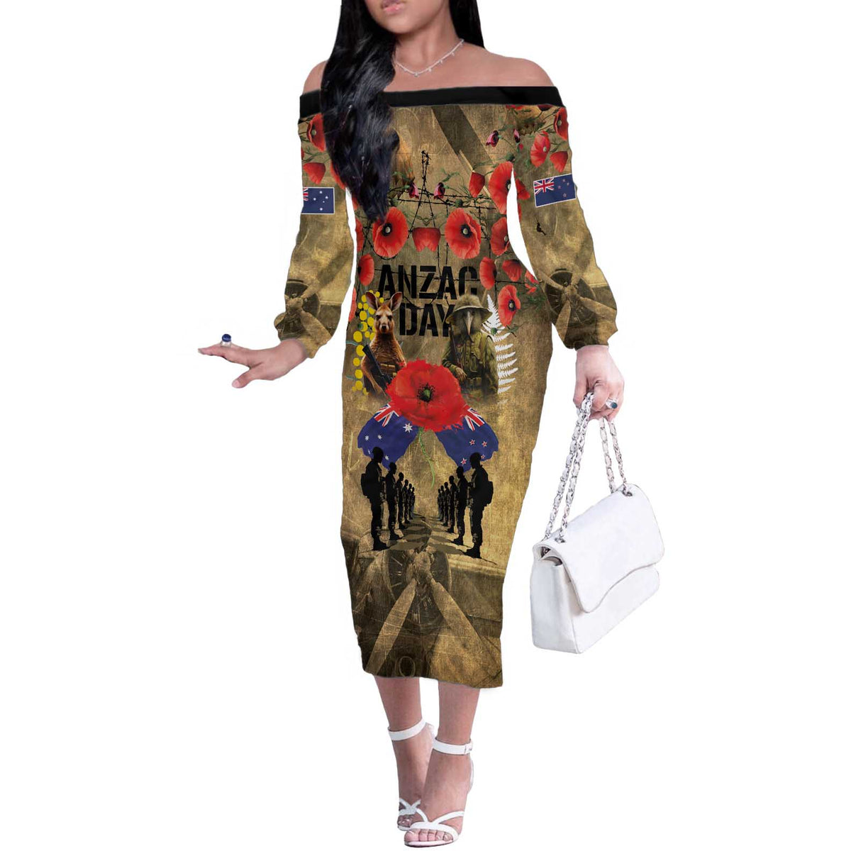 Australia and New Zealand ANZAC Day Off The Shoulder Long Sleeve Dress Kangaroo and Kiwi Bird Soldier-Honor and Remember Vintage Style LT03 Women Beige - Polynesian Pride