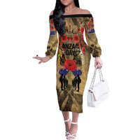 Australia and New Zealand ANZAC Day Off The Shoulder Long Sleeve Dress Kangaroo and Kiwi Bird Soldier-Honor and Remember Vintage Style LT03 Women Beige - Polynesian Pride